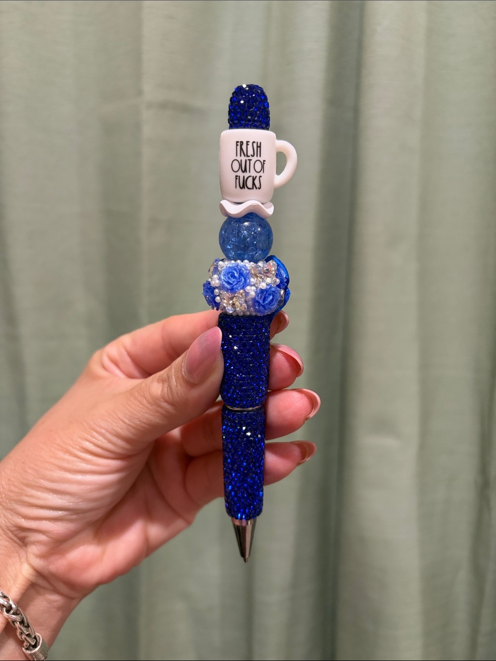 Blue Decorative Crystal Ballpoint Pen - Fresh Out Of Fucks Accent